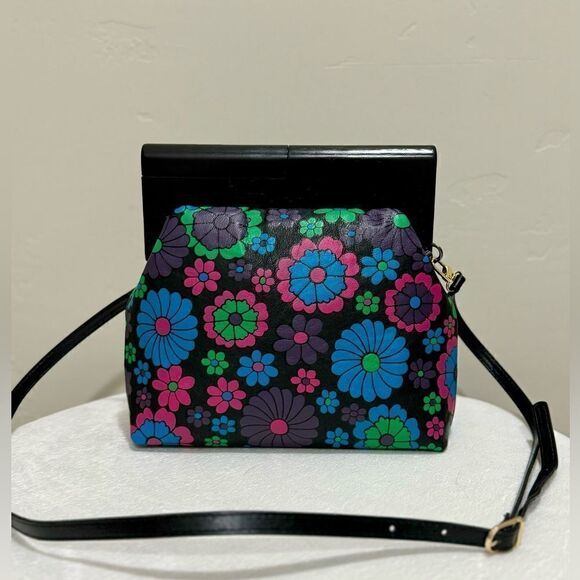 Chic Wood Frame & Leather Floral Print Clutch/Shoulder Bag/Crossbody - Picture 4 of 16